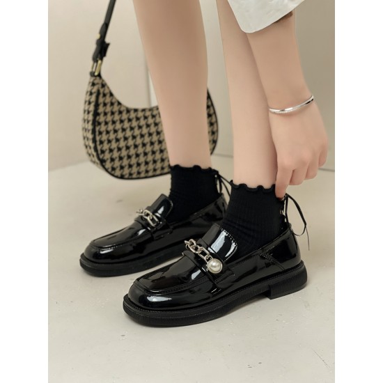 Fashion Retro Pearl Square Toe Chunky Heel Mary Jane Shoes With Black